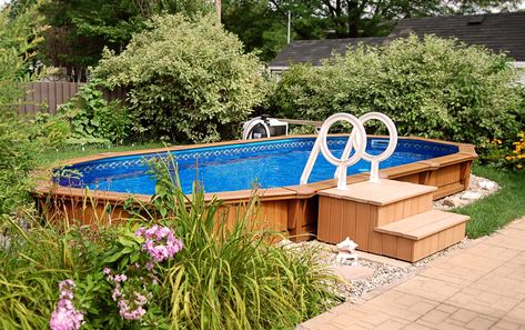 Aqua-Wood | Oval semi-inground wood pool Pool Spa Ideas, Semi Inground Pool, Oval Pool, Semi Inground Pools, Backyard Pool Ideas, Best Above Ground Pool, Pools Backyard Inground, Swimming Pool Ideas, Pool Steps