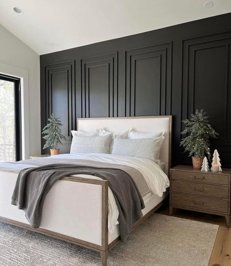 Trim Wall Design, Unique Wall Design, Wainscoting Bedroom, Trim Wall, Accent Wall Design, Accent Wall Colors, Moody Bedroom, Accent Wall Bedroom, Wall Molding