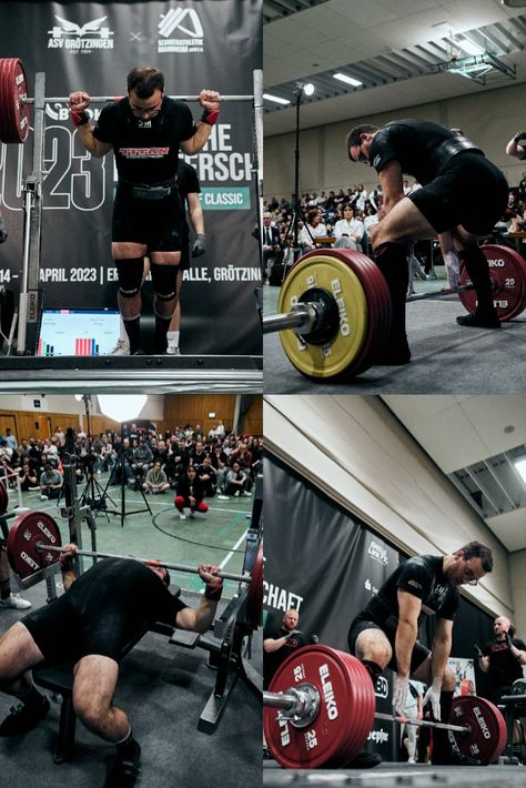 Collage of images from German Nationals 2023 showcasing powerlifting moments: squat performance, bench press celebration, and deadlift setup. Powerlifting Aesthetic, Powerlifting Men, Powerlifting Workouts, Scientific Background, Powerlifting Training, Competition Prep, Power Lifting, Sport Body, Workout Aesthetic