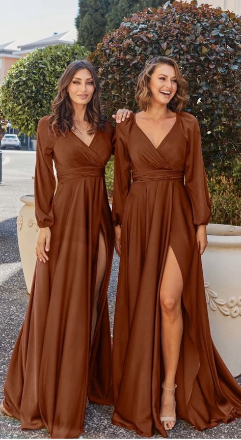 Olsen Style, Long Sleeve Bridesmaid Dress, Leg Split, Full Length Gowns, Satin Bridesmaid Dresses, Bridesmaids Dress, Long Bridesmaid Dresses, Mother Of The Groom, Looks Style