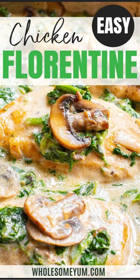 With golden chicken and creamy spinach sauce, this easy chicken florentine recipe makes a simple 30-minute weeknight dinner -- all in one pan. #wholesomeyum Easy Chicken Florentine, Chicken Spinach Recipes, Chicken Florentine Recipe, Creamy Spinach Sauce, Florentine Recipe, Spinach Recipes Healthy, Spinach Sauce, Florentines Recipe, Golden Chicken