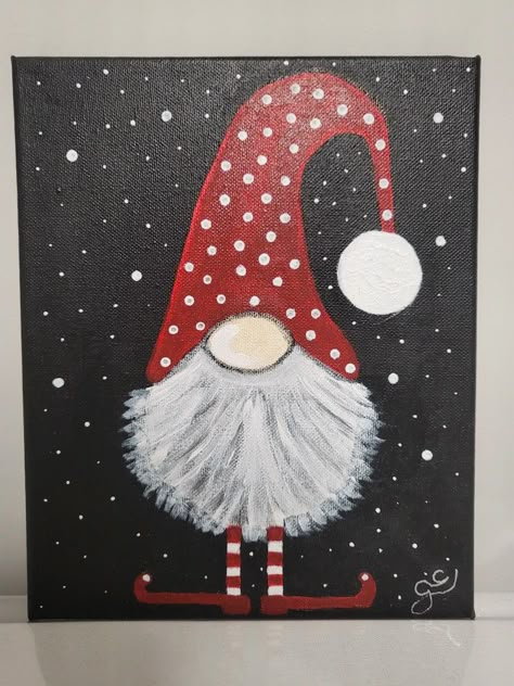 Paintings Of Gnomes, Kid Christmas Painting Ideas, Gonk Paintings, Christmas Canvas Painting Ideas Easy, Christmas Paintings On Canvas For Kids, Easy Santa Painting, Winter Gnome Painting, Acrylic Christmas Paintings, Gnome Painting Ideas