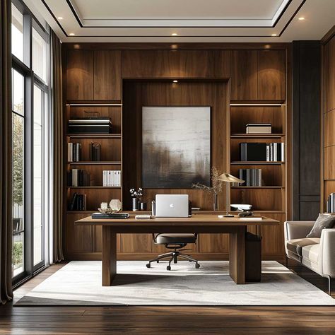 Wooden Office Design, Office Ideas For Work Business Decor, Wall Wood Paneling Ideas, Wall Wood Paneling, Wood Paneling Ideas, Executive Office Design Interior, Classic Home Office, Walnut Office, Executive Office Design