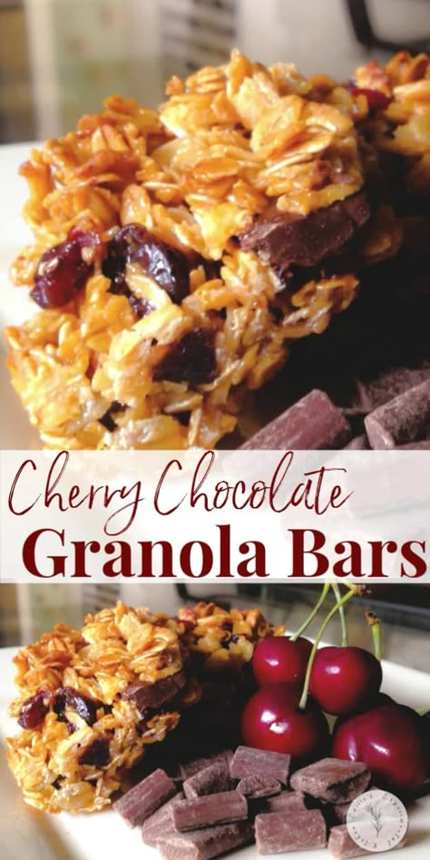 Cherry Chocolate Granola Bars made with old fashioned oats, dried cherries, honey and chocolate chips make the perfect breakfast or afternoon snack.  #desserts #sweets #granolabars Dark Chocolate Cherry Granola Bars, What To Make With Dried Cherries, Recipes Using Dried Fruit, Recipes With Dried Cherries, Recipe Using Dried Cherries, Cherry Oatmeal Bars, Dried Cherry Recipes, Finger Dessert, Granola Bark