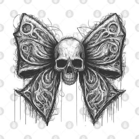 Skull bow - Hair Bow - T-Shirt | TeePublic Skull With Bow, Badass Skulls, Bow Drawing, Drawing Study, Aesthetic Emo, Western Tattoos, Bow Tattoo, Tattoo Leg, Emo Art