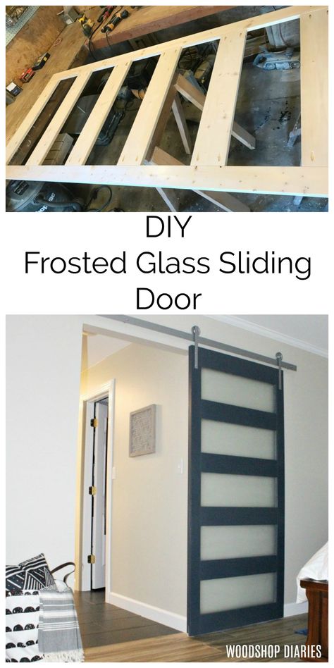 Looking for a unique, modern style DIY sliding barn door?  The frosted glass panels in this door give it a cool modern feel while allowing light to shine through, but blocking out and hiding what's behind it.  This tutorial walks you through how to build your own DIY modern frosted glass sliding door Frosted Glass Sliding Door, Build A Door, Diy Sliding Door, Glass Sliding Door, Building A Door, Door Plan, Modern Sliding Doors, Diy Sliding Barn Door, Modern Barn Door