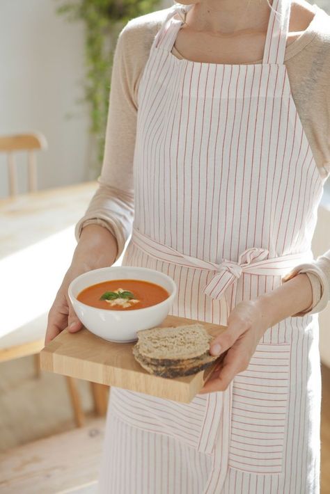 Apron Photoshoot, Autumn Kitchen, Soup Of The Day, Striped Apron, Aprons For Women, Female Butcher, Soup Kitchen, Sewing Aprons, Cream Soup