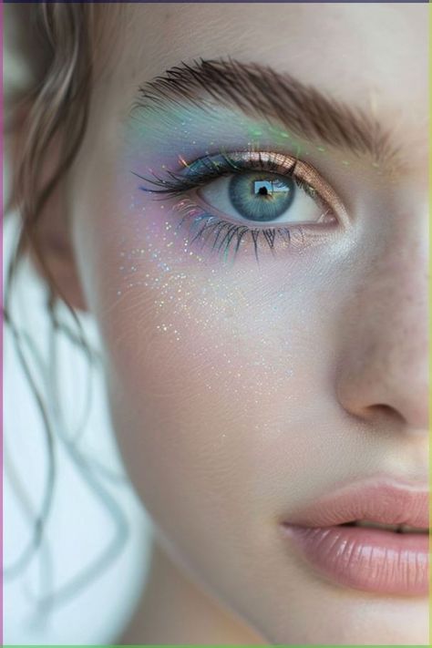 Fairy Princess Wedding Makeup, Bridal Makeup Colorful, Fairy Makeup For Hooded Eyes, Fairy Wedding Makeup Look, Wedding Eye Makeup For Blue Eyes, Fae Inspired Makeup, Fantasy Fairy Makeup, Fairy Eyeshadow Look, Soft Colorful Makeup