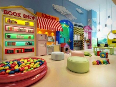 Playroom Ideas For Kids, Diy Bookshelf Kids, Daycare Rooms, Kids Bedroom Organization, Indoor Playroom, Daycare Decor, Daycare Design, Play Cafe, Kids Cafe