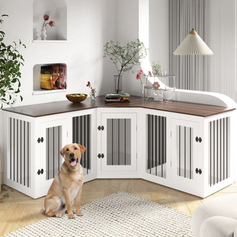 Blend pet accessories and decor seamlessly with your overall home decor style. This could involve matching colors, textures, and themes to create a cohesive look. Corner Dog Crate, Large Dog Crate Furniture, Corner Tv Cabinet, Dog Crate Table, Indoor Dog Kennel, Wooden Dog Kennels, Wooden Dog Crate, Dog Kennel Furniture, Dog Corner