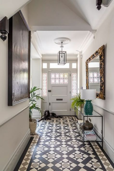 9 Pretty Passage Decor Ideas • One Brick At A Time Hallway Mosaic Floor Tiles, Victorian Hallway Tiles Entrance Halls, Mosaic Hallway Floor, Mosaic Hallway, Georgian Hallway, Hallway Tiles, Hallway Tiles Floor, Entrance Hall Decor, Entryway Tile