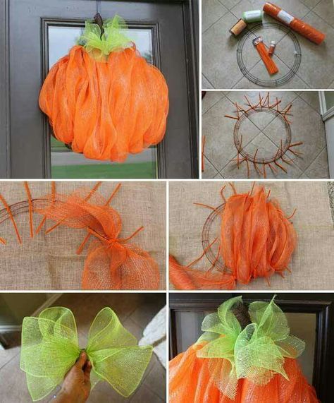 Pumpkin Diy Projects For Fall, Deco Mesh Pumpkin, Mesh Pumpkin, Diy Fall Wreath Ideas, Fall Wreath Ideas, Wreath Hanging, Mesh Wreath Diy, Deco Wreaths, Diy Fall Wreath