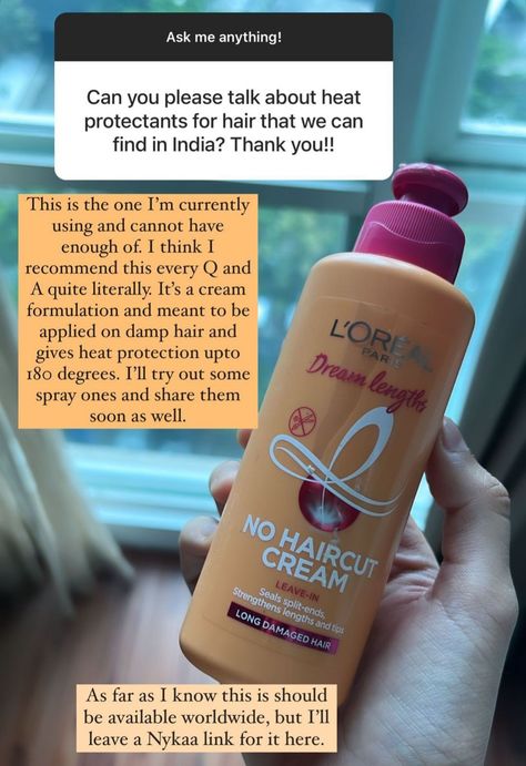 Heat Protectant for Hair Review/Suggestion Loreal Leave In Conditioner, Loreal No Haircut Cream, Leave In Conditioner Aesthetic, No Haircut Cream, Loreal Elvive Dream Length, Loreal Dream Lengths, Best Heat Protectant For Hair, Indian Skincare, Hair Care Oils