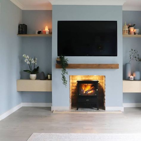 Farwa - Home Decor & DIY on Instagram: "Ad DIY FAUX FIREPLACE 🔥 Shes finished!! Who says newbuilds can't have character 😅 so so in love with this space now, and with our gorgeous @dimplex_uk electric fire. We were on the hunt for an electric fire that looked as realistic as possible and this Dimplex Gosford Optimyst stove definitely looks like a real fire. Love how cosy it is in here now 🥰 Ad PR product - @dimplex_uk Gosford Optimyst electric fire Previous pr products @sassandbelle . . . #chi Electric Stove Media Wall, Dimplex Optimyst Fireplace Ideas, Optimyst Fire, Electric Stove Fireplace, Neutral Lounge, Diy Faux Fireplace, Dimplex Electric Fireplace, Fire Love, Faux Fireplace Diy