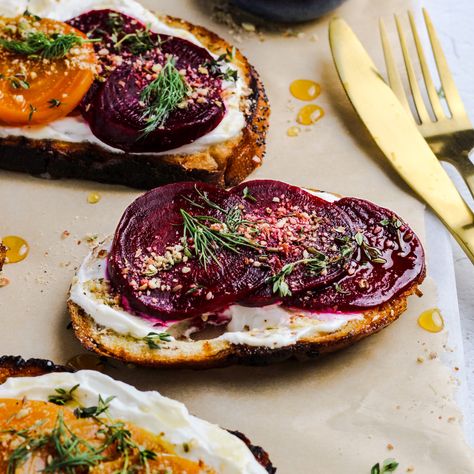 Beet Crostini with Almond Dukkah Beet Sandwich, Roasted Beetroot, Goat Cheese Crostini, Beet And Goat Cheese, Whipped Goat Cheese, Fresh Beets, Goats Cheese, Lemon Thyme, Tea Cafe