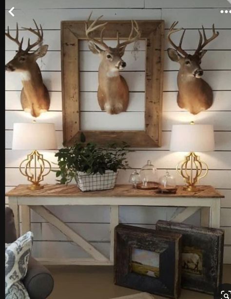 Country Hunting Home Decor, Photo Wall Collage With Deer Head, Deer Display Ideas, Hunting Cabin Living Room, Elk Mount Living Room, Deer Decor Living Room, Deer Head Decor Living Room, Deer Mount Wall Arrangement, Deer Mounts In Living Room Farmhouse