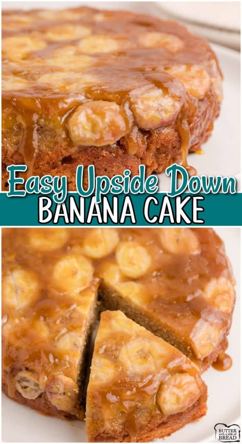 BANANA UPSIDE DOWN CAKE - Butter with a Side of Bread Upside Banana Cake, Up Side Down Banana Cake, Banana Bread Upside Down Cake, Fun Banana Recipes, Uses For Old Bananas Recipes, Banana Deserts Easy, Banana Upside Down Cake With Box Cake, Southern Banana Cake, Banana Upside Down Bundt Cake