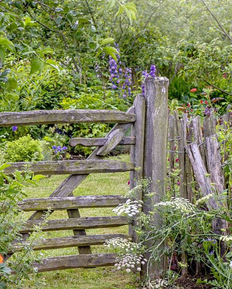 A rustic, wooden garden gate and fence in an English Cottage garden English Garden Gate, English Garden Fence, Cottage Garden Fence, Garden Fences And Gates, Garden Gates Ideas, Small Garden Gates, Rustic Gates, Cottage Fence, Farm Fences And Gates