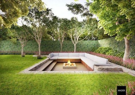 20 Outdoor Sunken Fire Pit Ideas - 164 Sunken Patio, Sunken Fire Pits, Backyard Seating Area, Outdoor Fire Pit Designs, Modern Fire Pit, Fire Pit Landscaping, Square Fire Pit, Backyard Seating, Fire Pit Seating