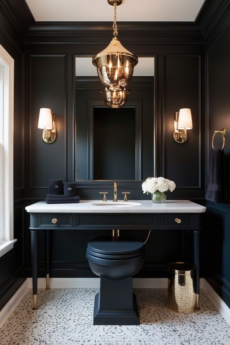 Traditional Half Bathroom Ideas, Elegant Bathroom Design Luxury Bath, Half Bath Tile Wall, Half Bathroom Inspiration, Traditional Powder Room Ideas, Half Bathroom Decor Ideas, Half Bath Design, Black Powder Room, Small Half Bath