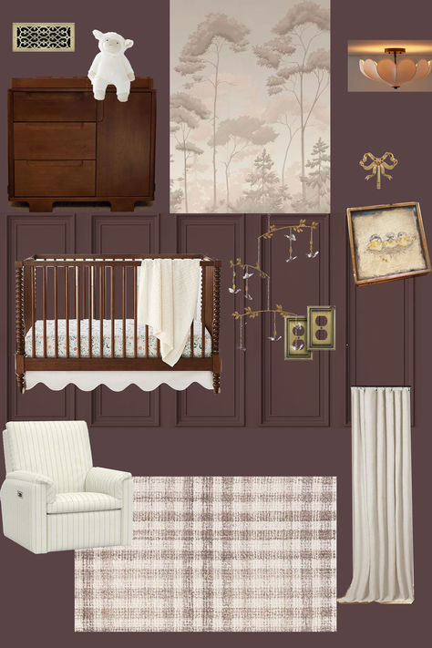 Cozy Moody Vintage Baby Room Design Moody Nursery Paint Colors, Maybe Nursery, Moody Whimsical Nursery, Moody Mauve Nursery, Dark Mauve Nursery, Deep Purple Nursery, Dark Wood Nursery Girl, Dark Nursery Ideas Girl, Moody Girls Nursery