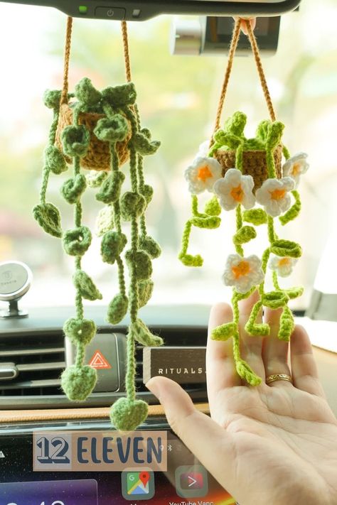 Crochet Plants For Car, Cute Crochet Plants, Crochet Gifts For Mothers Day, Plant Car Decor, Mother’s Day Crochet Gifts, Crochet Plant Hanger For Car, Crochet Car Accesories, Crochet Car Plant Pattern Free, Crochet Car Decoration