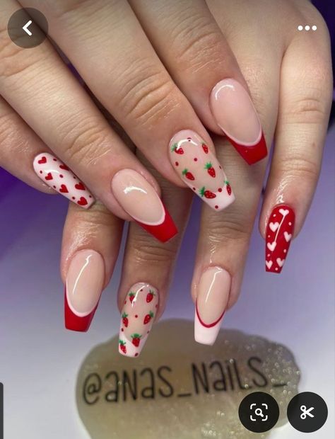 Strawberry Nails Acrylic, Strawberries Nails, Strawberry Nail Art, Fruit Nail Designs, Strawberry Nails, Berry Nails, Shayna Baszler, Nail Designs Valentines, Her Nails