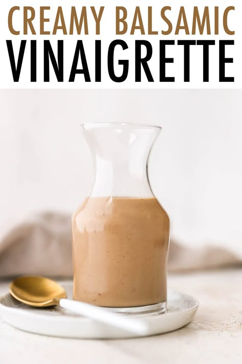 This healthy, creamy balsamic vinaigrette combines balsamic vinegar and olive oil with Greek yogurt for a tasty salad dressing that's super versatile. Balsamic Salad Dressing, Creamy Balsamic Vinaigrette, Balsamic Vinegar And Olive Oil, Balsamic Salad, Creamy Balsamic Dressing, Balsamic Vinaigrette Recipe, Salad With Balsamic Dressing, Healthy Dressing, Salad Dressing Recipes Healthy