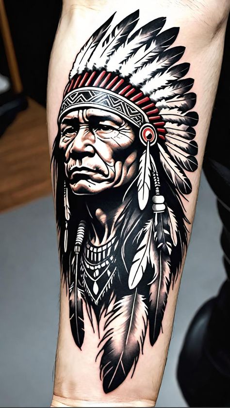 Native Indian Tattoo, Native American Chief Tattoo, Indian Head Tattoo, Native Indian Tattoos, Native American Tattoo Designs, Cowboy Tattoos, Native American Tattoo, American Indian Tattoos, Full Leg Tattoos