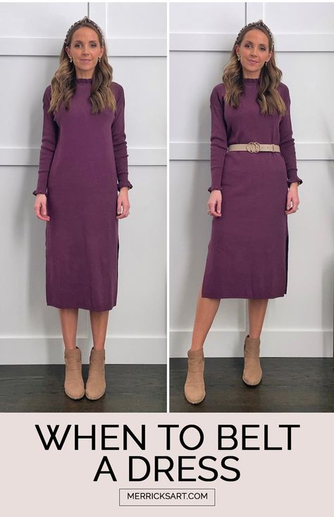 When to Belt a Dress - Merrick's Art Belt Sweater Dress, Long Straight Dress Outfit, Belt With Sweater Dress, Midi Skirt Belt Outfit, Sweater Dress With Belt Outfit, Belted Sweater Dress, Belt For Dress Ideas, Dress With Belt Outfit Classy, Midi Dress With Boots Winter