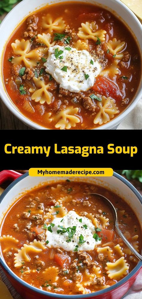 Creamy lasagna soup is rich, hearty, and filled with all the flavors of lasagna in a cozy bowl of soup. Ingredients: 1 lb ground beef 4 cups beef broth 1 cup marinara sauce 1 cup ricotta cheese Serve this lasagna soup with a sprinkle of Parmesan. Perfect for chilly nights or Italian-inspired dinners Creamy Lasagna Soup, Creamy Lasagna, Hearty Chicken Soup, Delicious Lasagna, Marinara Sauce Recipe, Vegetable Soups, Lasagna Soup Recipe, Soup Ingredients, Classic Lasagna