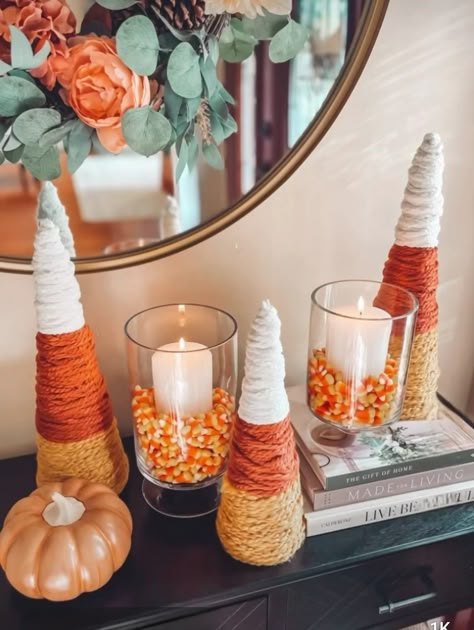 Diy Candy Corn, Candy Corn Decor, Yarn Decor, Corn Decor, Candy Corn Crafts, Candy Corn Decorations, Fall And Halloween Decor, Trees Diy, Fall Decor Diy Crafts