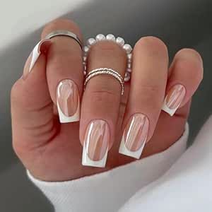 Qsnidy Glossy Chrome French Press on Nails Medium Square Fake Nails with White Tip Magic Pearlescent Nude False Nails Mirror Effect Acrylic Stick Glue on Nail Sets for Women, 24 Nails in 12 Sizes Acrylic Nails Chrome, Nails Mirror, Nails Medium Square, French Press On Nails, White French Nails, Chrome French, Nails With White, White Tip Nails, Gel Toe Nails