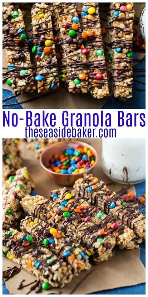 These No-Bake Granola Bars are fun, easy to make and totally kid friendly. Plus they taste so delicious, you'll never go back to the store bought versions again. And click thru for suggestions on how to make these an even healthier treat! | #TheSeasideBaker #granolabars | See this and other delicious recipes at TheSeasideBaker.com Bake Granola Bars, No Bake Granola, No Bake Granola Bars, Baked Granola, Chewy Granola Bars, Granola Recipe Bars, Chewy Granola, Homemade Granola Bars, Kid Snacks