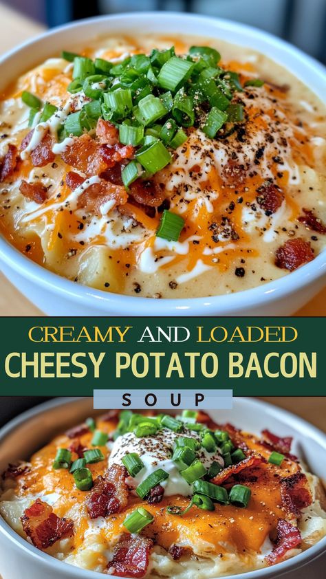 Soup Favorites: Creamy and Loaded Cheesy Potato Bacon Soup Loaded Potato Bacon Soup, Loaded Creamy Potato Soup, Potato Bacon Soup Easy, Bacon Chowder Soup, Creamy Potato And Bacon Soup, Potatoes And Bacon Soup, Cheesy Potato Bacon Soup, Creamy Bacon Potato Soup, Cheesy Loaded Potato Soup