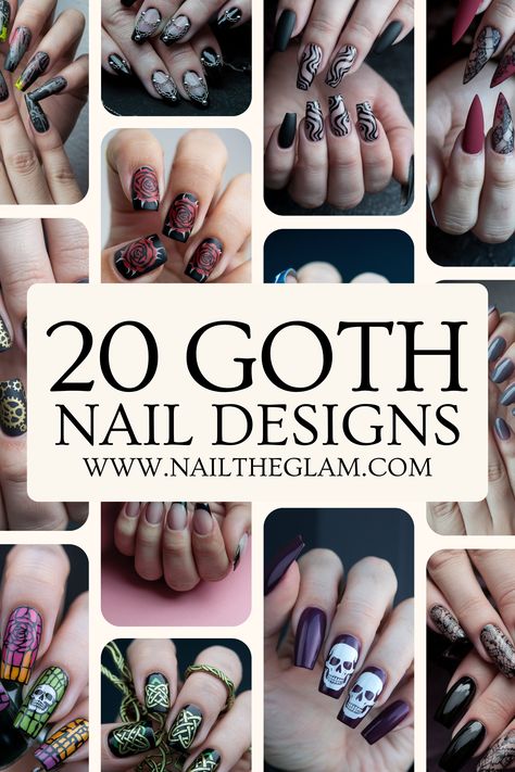 Article about 20 goth nail designs, highlighting bold, dark, and mysterious styles for an iconic gothic look New Years Goth Nails, Gothic Ombre Nails, Almond Nails Goth Designs, Goth Witch Nails, Nail Art Designs Goth, Skull Nail Ideas, Easy Goth Nail Art, Deftones Nails Ideas, Short Witchy Nail Designs