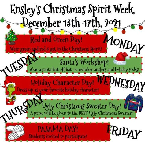 Office Christmas Spirit Week Ideas, Christmas Spirit Week Ideas, Christmas Dress Up Days, School Spirit Week Ideas, Holiday Spirit Week, Christmas Spirit Week, Spirit Week Themes, Spirit Weeks, Teacher Appreciation Themes