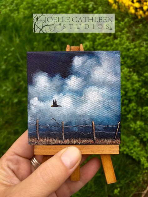 Miniature Acrylic Painting of Crow Flying over Field Custom Painted Next Day Crow Flying, Painting 2023, Mini Toile, Small Canvas Paintings, Simple Canvas Paintings, Cute Canvas Paintings, Easy Canvas Art, Miniature Paintings, Easy Canvas