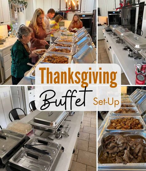 Here is how I like to set up my Thanksgiving buffet tables for seving dinner. Thanksgiving Wedding Dinner, Counter Top Buffet Set Up, Thanksgiving Dinner Set Up Ideas, Buffet Style Thanksgiving Dinner, Thanksgiving Dessert Table Set Up, Food Trays For Parties Buffet Tables, How To Set Up A Buffet Table Display, Thanksgiving Food Buffet Setup, Thanksgiving Serving Table