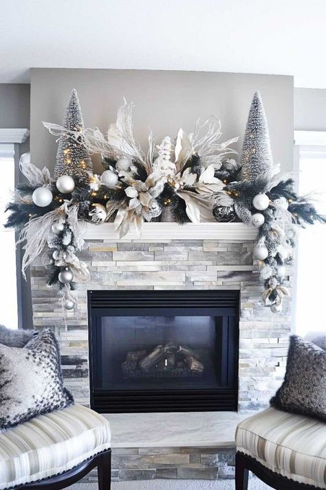 Christmas Mantle Decor Ideas, Christmas Mantle Decorations, White Christmas Garland, Festive Fireplace, Decorate House, Mantle Decorations, Flocked Garland, Timeless Christmas, Christmas Mantle Decor