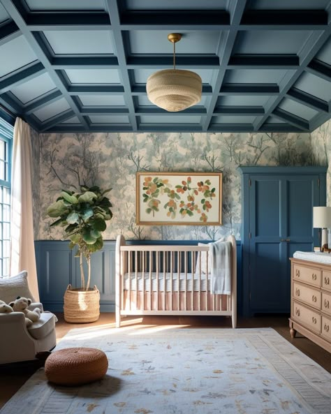 Moody Baby Nursery, Nursery Ideas Blue, Blue Floral Nursery, Blue Green Nursery, Blue Gray Nursery, Modern Boy Nursery, Terrazzo Wallpaper, Blue Bookcase, Nursery Rocker