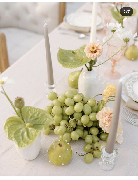 Fruit As Decor Wedding, Trending Tablescapes, The Perfect Pear Bridal Shower Theme, Grapes Wedding Decor, Grape Wedding Theme, Fruit Centerpieces Wedding, Round Table Centerpieces Wedding, Chartreuse Wedding, Dream Reception