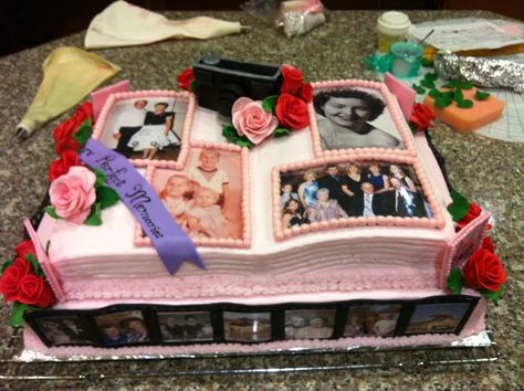 Cake made for a friend's mom's 75th birthday - pictures from her life surround the entire thing 75th Birthday Cakes, Birthday Ideas Men, Decorate With Photos, Birthday Plan Ideas, 75th Birthday Ideas, Picture Display Ideas, Fun Cake Ideas, 75 Birthday Cake, Mum Cake