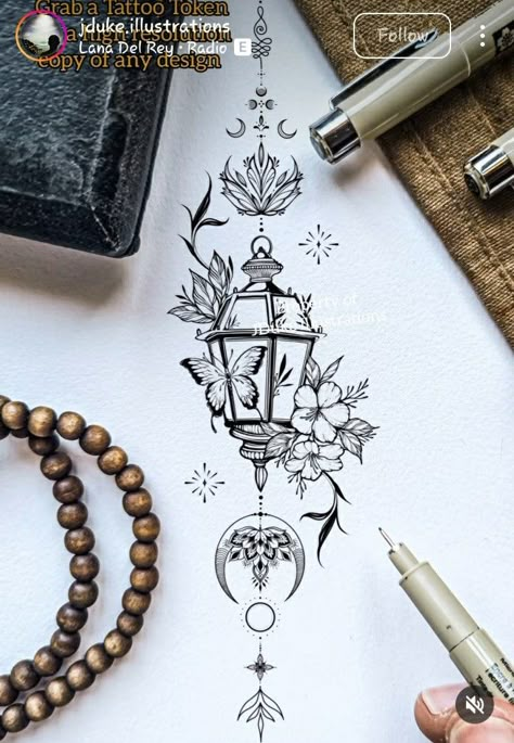 Shine Bright Tattoo, Fairy Witch Cottagecore, Lantern Tattoo Design, Cottagecore Tattoo, Louisiana Tattoo, Herb Tattoo, Thigh Tats, Book Inspired Tattoos, Vertical Tattoo