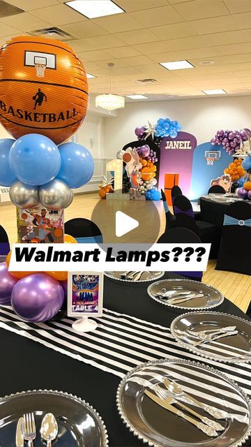 Soirée by Sorangel on Instagram: "Let’s DIY a centerpiece out of Walmarts $9 LAMPS! 😬 so easy!!! So sturdy!!! So versatile!!!🏀🪐💙💜 I love this project! Thank you 🩷@cs_partyexpress 🩷for I inspiring me to do this!!!! 🙌🏻 you ROCK!!!  . . . #diy #walmart #lamp #centerpieces #ballooncenterpiece #spacejam #basketball" Ballon Table Centerpiece Diy, Kobe Birthday Theme, Balloon Centerpieces Without Helium, Diy Balloon Centerpieces, Basketball Banquet Ideas, Basketball Centerpiece Ideas, Diy Birthday Centerpieces, Diy Basketball Party, Lamp Centerpieces