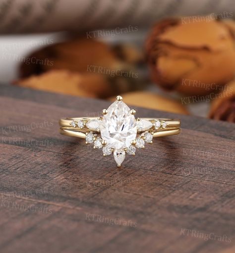 Gold Crown Ring, Yellow Gold Stacking Rings, Vintage Promise Ring, Pear Moissanite Engagement Ring, Curved Ring, Pear Wedding Ring, Promise Rings Vintage, Pear Cut Ring, Gold Stacking Ring