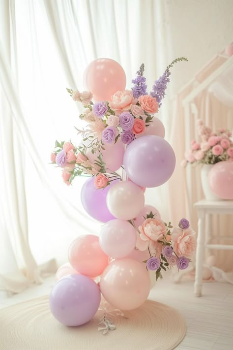 Flower And Balloon Decorations, Balloons And Flowers Decorations, Pink And Lavender Baby Shower Ideas, Garden Party Balloons, Balloons Without Helium, Baby In Bloom Shower Ideas, Decorating With Balloons, Balloons And Flowers, Balloon Decor Ideas