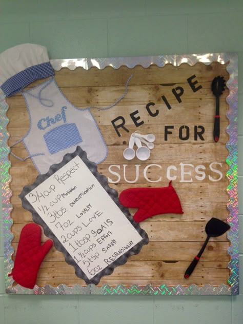 Bulletin Board Recipe for Success Kitchen Bulletin Boards, School Cafeteria Decorations, Cafeteria Decorations, Nutrition Bulletin Boards, Cafeteria Bulletin Boards, Bulletin Boards Elementary, Food Bulletin Boards, Art Bulletin Boards, Work Bulletin Boards