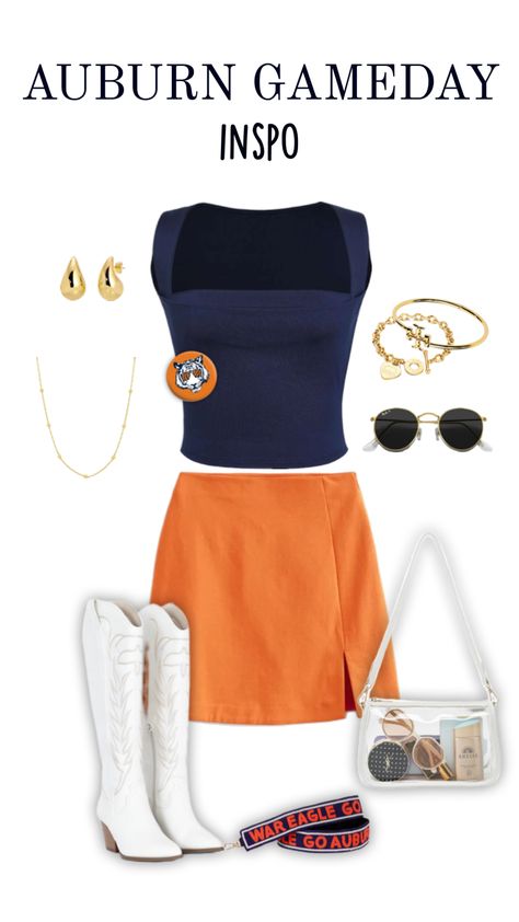 auburn gameday, college football, cowboy boots, orange skirt, sunglasses, clear bag, auburn bag strap, gold jewelry, outfit goals, auburn outfit, auburn football, fit inspo Auburn Sorority, Auburn Gameday Outfit, College Outfits Skirt, Football Game Fits, Tiger Outfit, Auburn Gameday, Gold Jewelry Outfit, Auburn Game Day, Gameday Fits