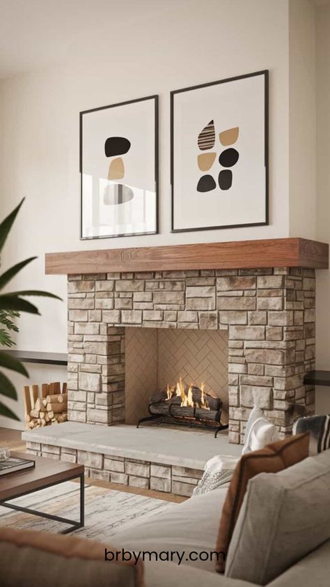 A fireplace can be the heart of your living room, but giving it a modern touch takes it to a whole new level. Check out these 36 Modern Living Room Fireplace Ideas To Spice Up Your Space. Transitional Fireplace Surround, Decorating A Mantle Ideas, Gas Fireplace Mantle, Fireplace Update Ideas, Fireplace Mantle Makeover, Modern Living Room Fireplace, Modern Traditional Fireplace, Fireplace With Tile Surround, Room Fireplace Ideas